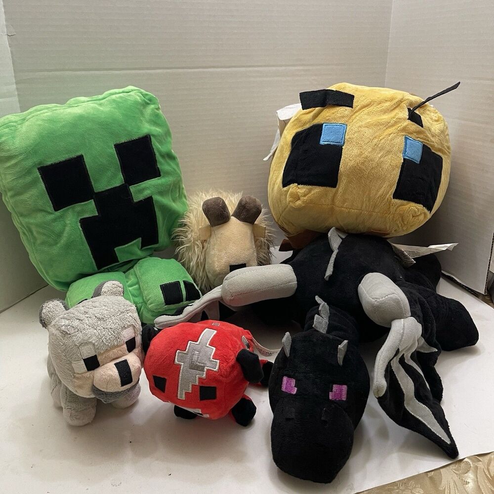 Lot Of 6 Minecraft Plush Mojang Stuffed Animals Jinx Elder Dragon Creeper 22” 6”